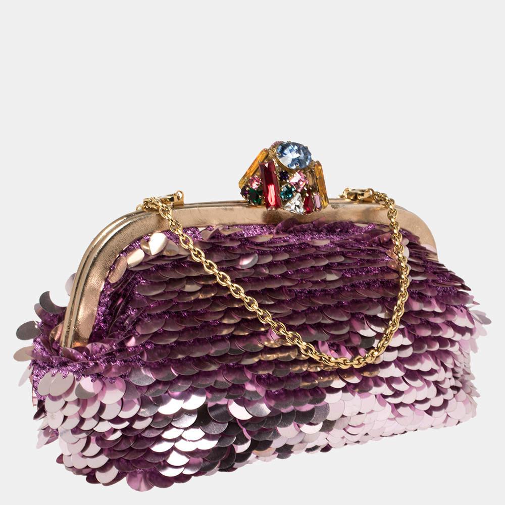 Dolce & Gabbana Pink Sequin Crystal Embellished Lock Frame Chain Clutch For Sale 1