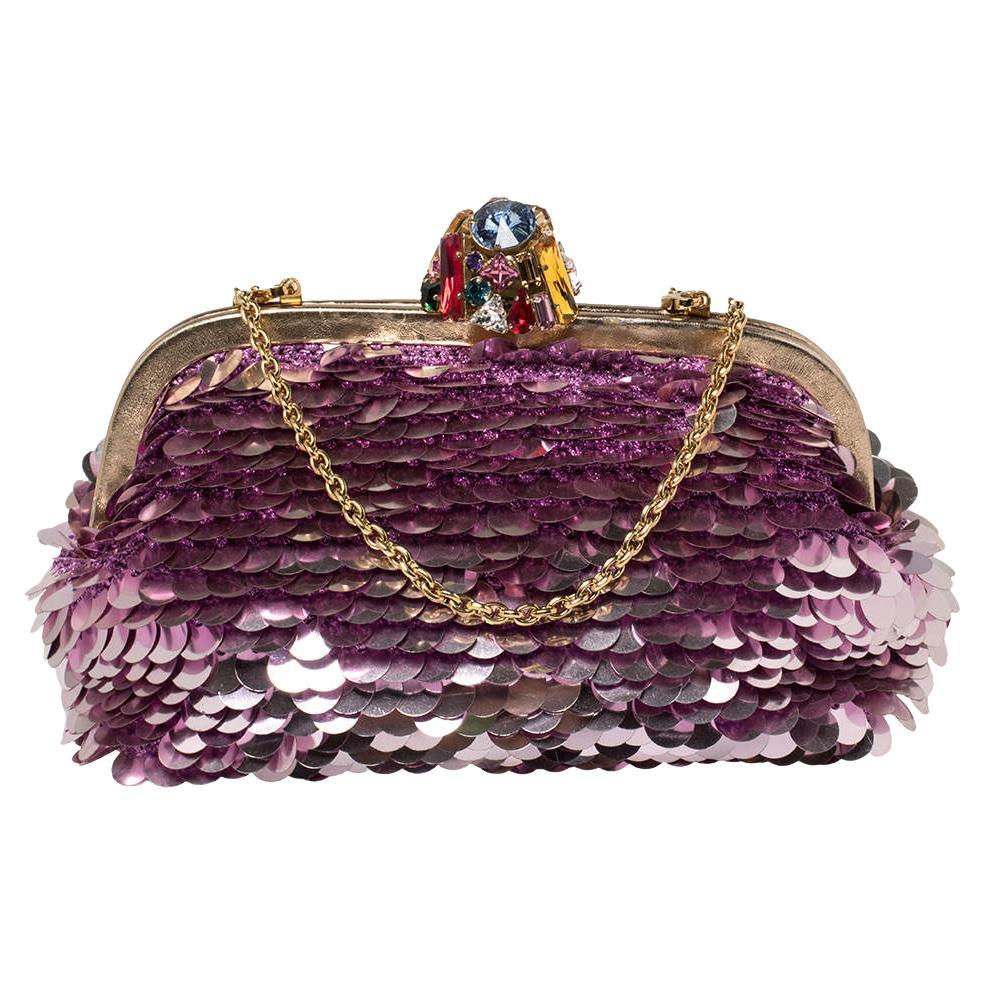 Dolce & Gabbana Pink Sequin Crystal Embellished Lock Frame Chain Clutch For Sale