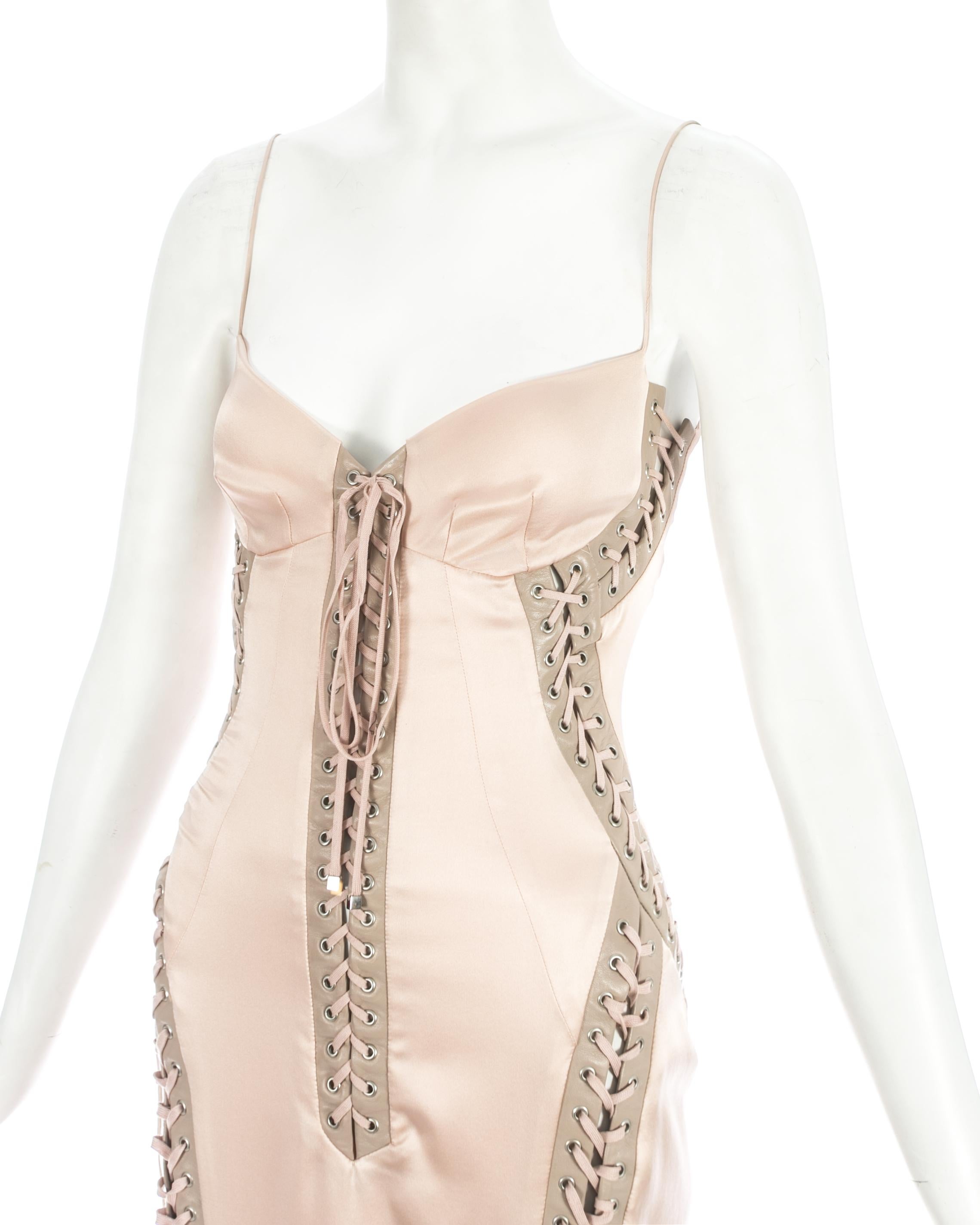 Beige Dolce & Gabbana pink silk and leather lace up evening dress, S/S 2003