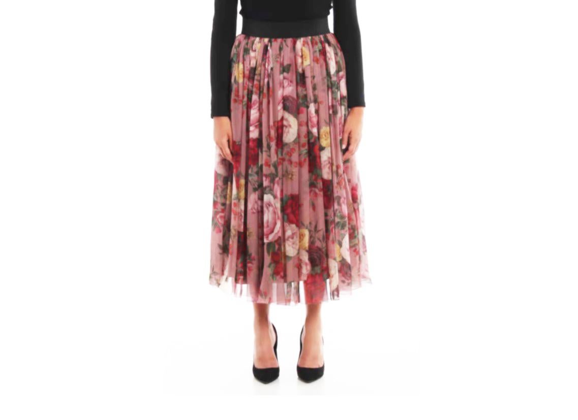 Dolce & Gabbana Pink Silk Chiffon Floral Pleated Midi Skirt Baroque Rose In New Condition In WELWYN, GB