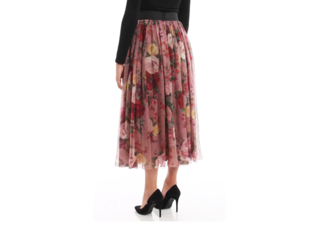 Brown Dolce & Gabbana Pink Silk Chiffon Floral Pleated Midi Skirt Baroque Rose