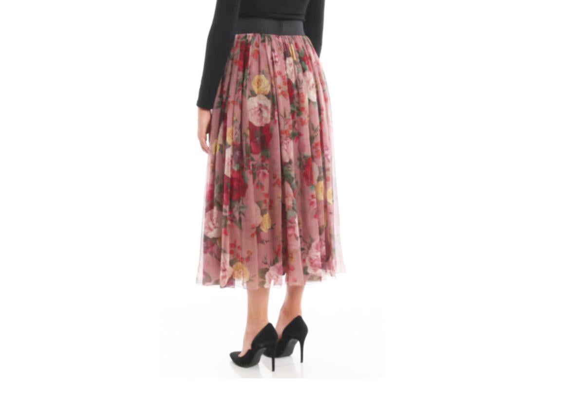 Women's Dolce & Gabbana Pink Silk Chiffon Floral Pleated Midi Skirt Baroque Rose