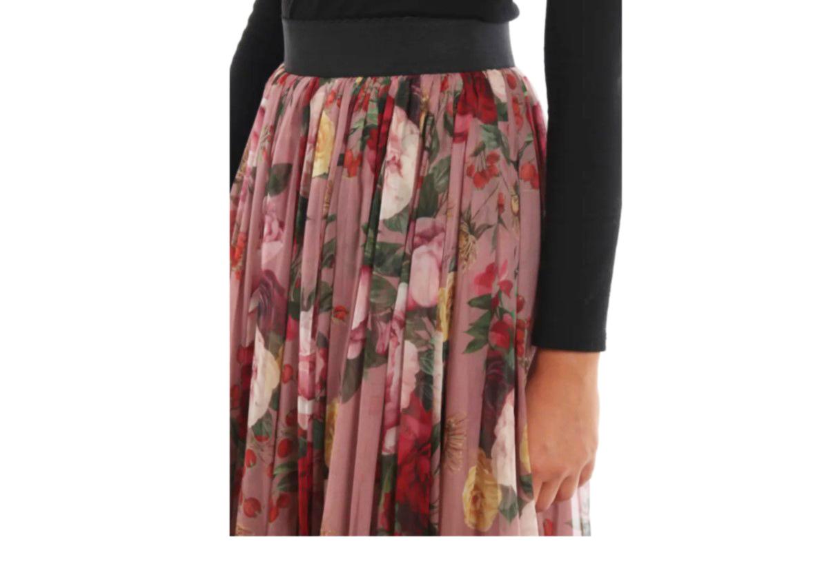 Dolce & Gabbana Pink Silk Chiffon Floral Pleated Midi Skirt Baroque Rose In New Condition In WELWYN, GB