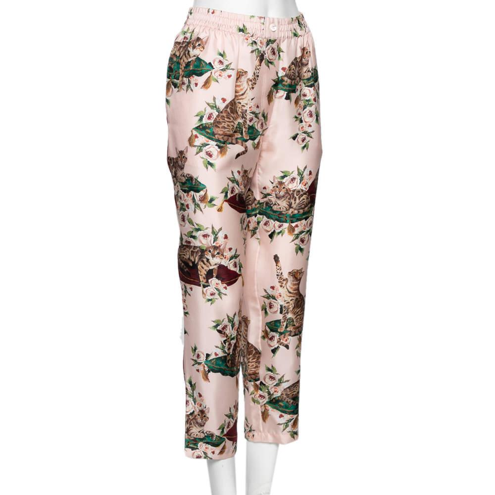 Dolce & Gabbana Rosa Pajama-Hose aus Seide mit Blumen- und Katze-Druck M (Beige) im Angebot