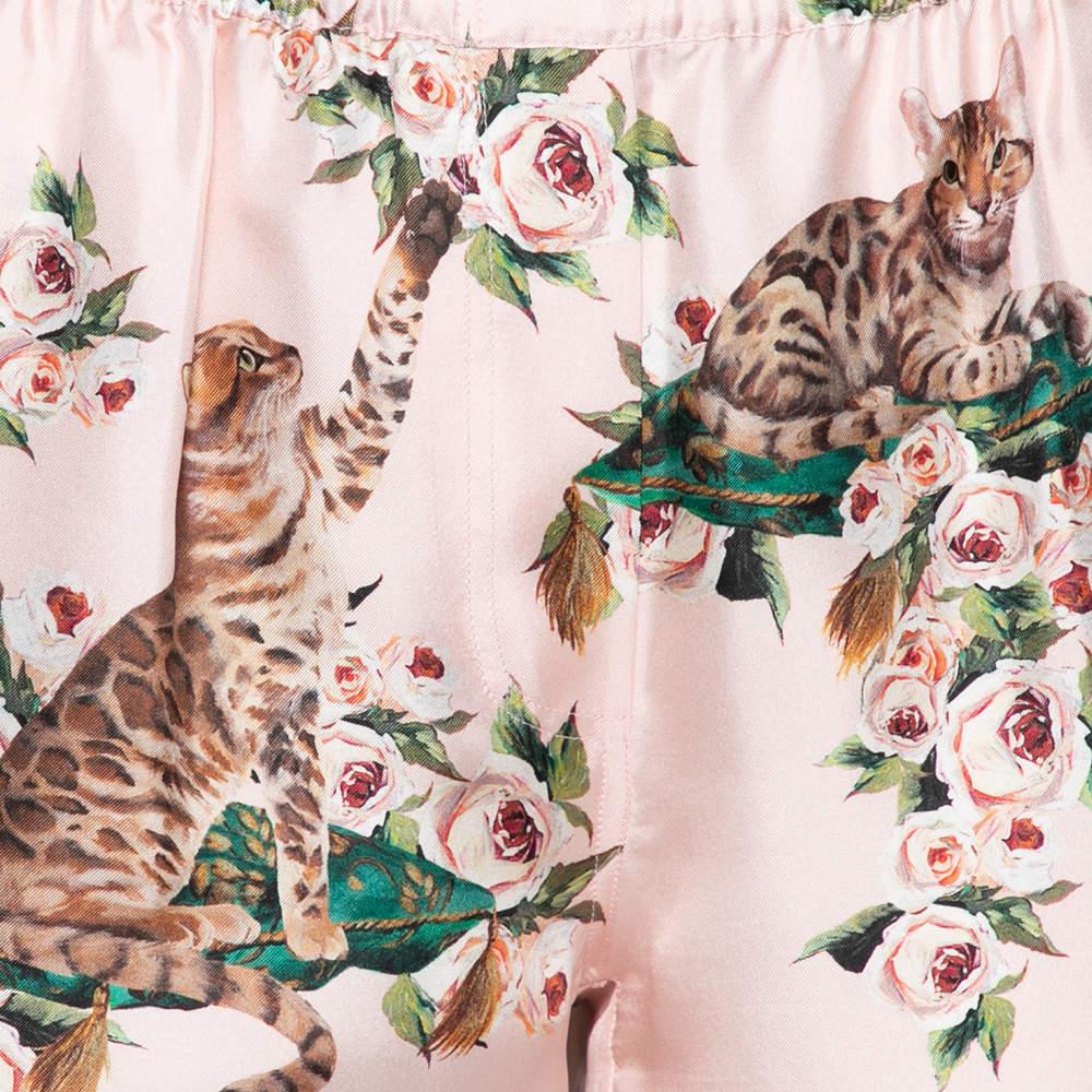 Dolce & Gabbana Pink Silk Floral & Cat Printed Pajama Pants M In Good Condition For Sale In Dubai, Al Qouz 2