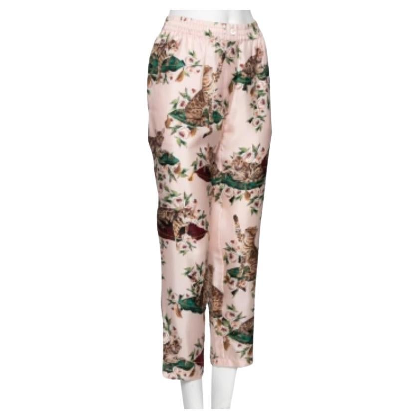 Dolce & Gabbana Pink Silk Floral & Cat Printed Pajama Pants M For Sale