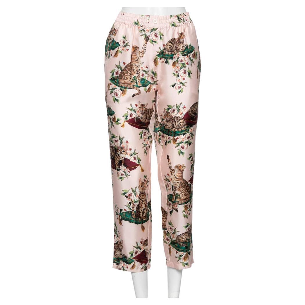 Dolce & Gabbana Rosa Pajama-Hose aus Seide mit Blumen- und Katze-Druck M im Angebot