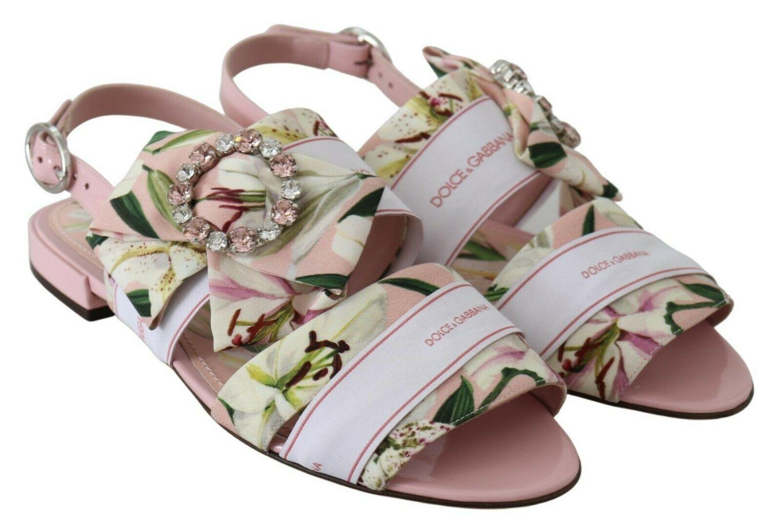 Brown Dolce & Gabbana Pink Silk Floral Lily Bianca Flats Shoes Sandals Crystals DG