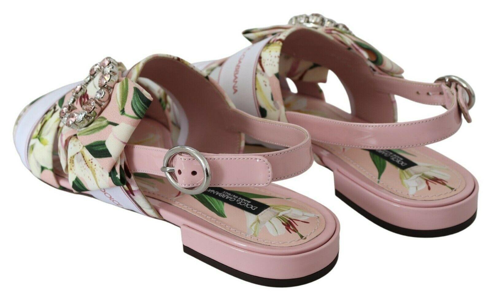 Dolce & Gabbana Pink Silk Floral Lily Bianca Flats Shoes Sandals Crystals DG In New Condition In WELWYN, GB