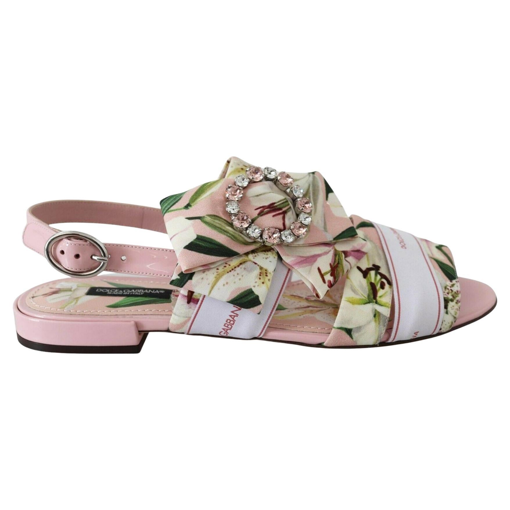 Dolce & Gabbana Pink Silk Floral Lily Bianca Flats Shoes Sandals Crystals DG