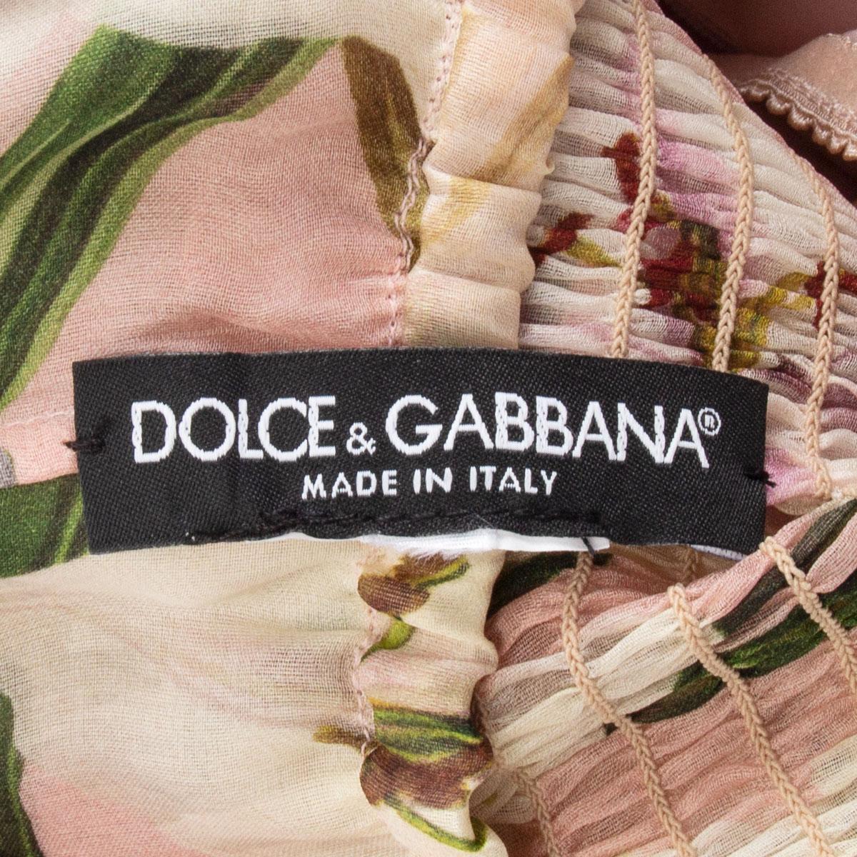 Beige DOLCE & GABBANA pink silk FLORAL RUCHED Maxi Dress S For Sale