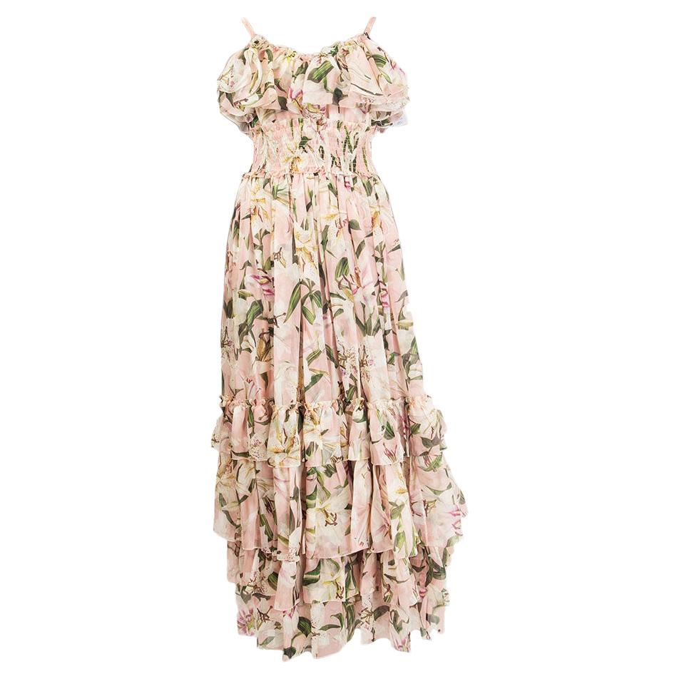 DOLCE & GABBANA pink silk FLORAL RUCHED Maxi Dress S For Sale