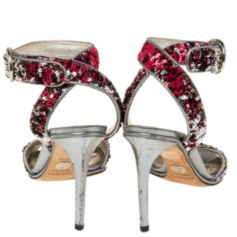Gray Dolce & Gabbana Pink/Silver Leather And Sequins Ankle Strap Sandals Size 38.5 For Sale