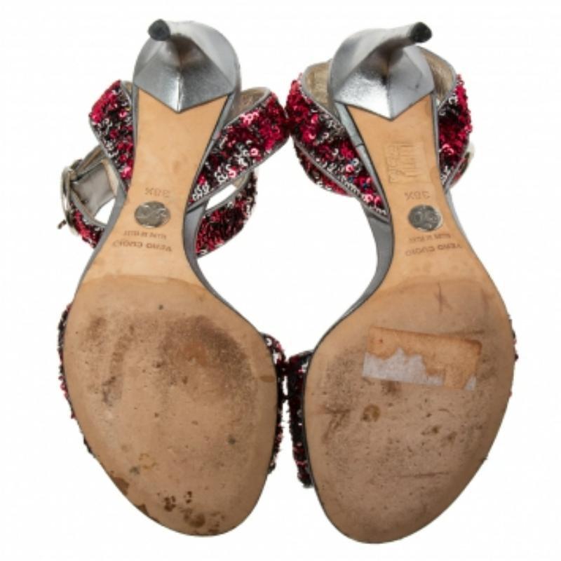 Dolce & Gabbana Pink/Silver Leather And Sequins Ankle Strap Sandals Size 38.5 For Sale 1