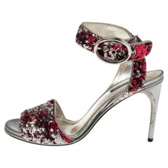 Dolce & Gabbana Pink/Silver Leather And Sequins Ankle Strap Sandals Size 38.5