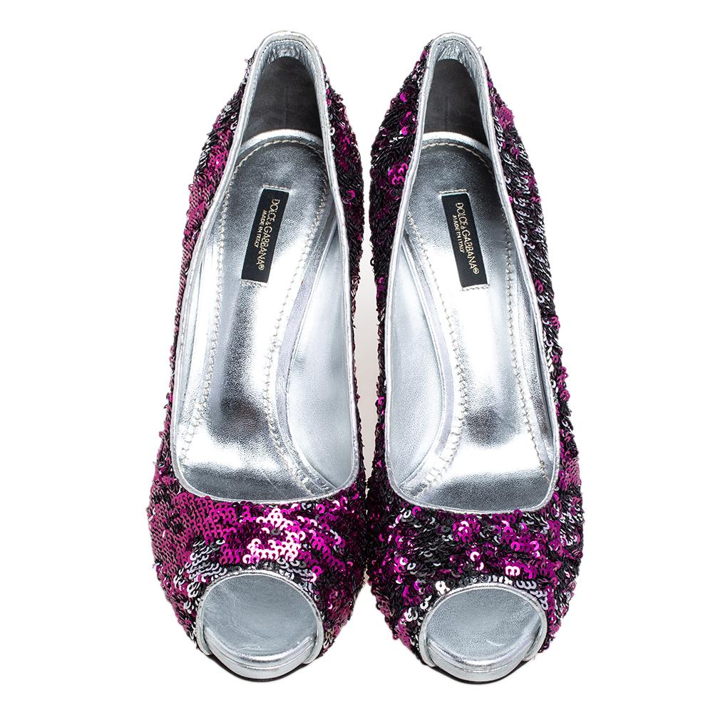 Gray Dolce & Gabbana Pink/Silver Sequins Peep Toe Pumps Size 39 For Sale