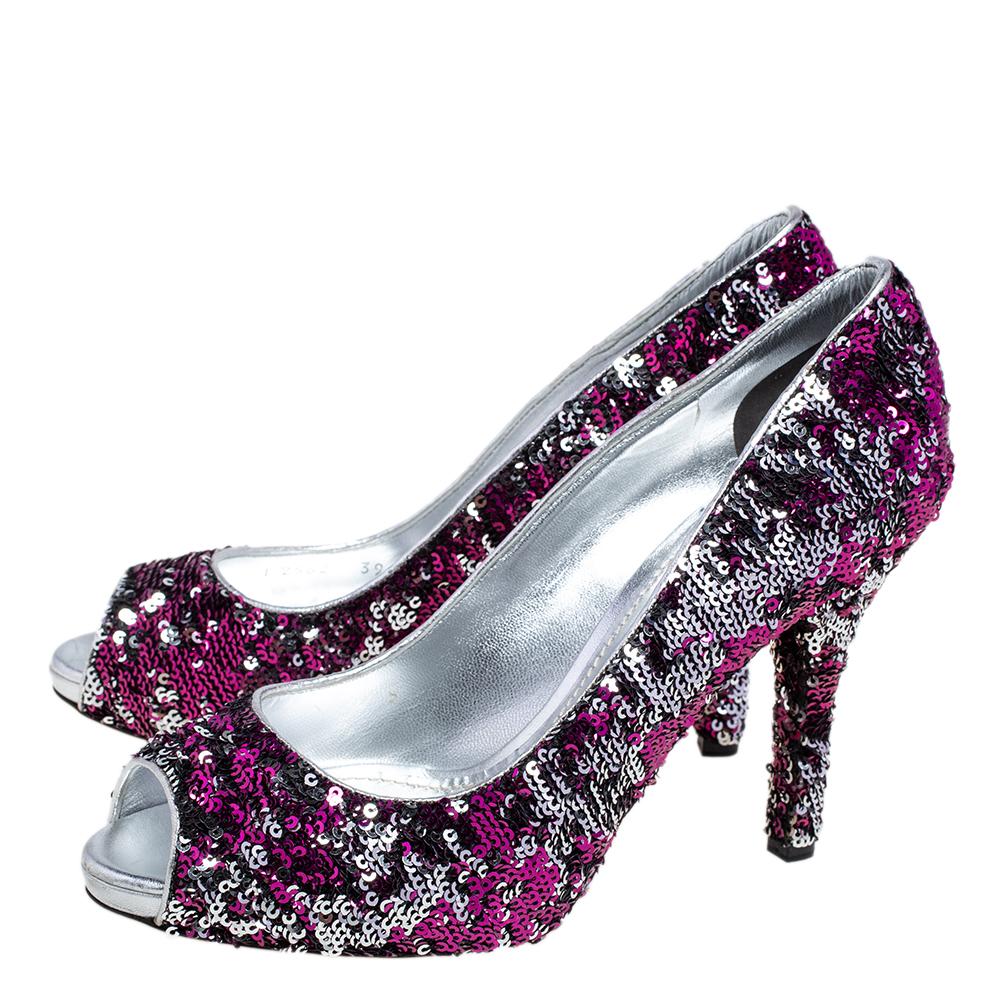 Dolce & Gabbana Pink/Silver Sequins Peep Toe Pumps Size 39 For Sale 1