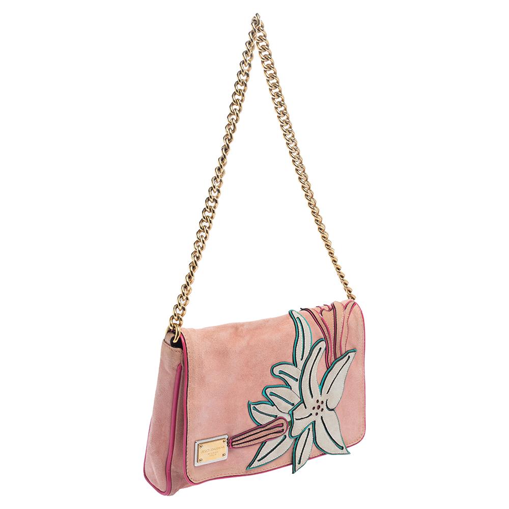 Beige Dolce & Gabbana Pink Suede Flap Chain Crossbody Bag