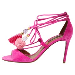 Dolce & Gabbana Pink Suede Pom Pom Tassel Ankle Wrap Sandals Size 36.5