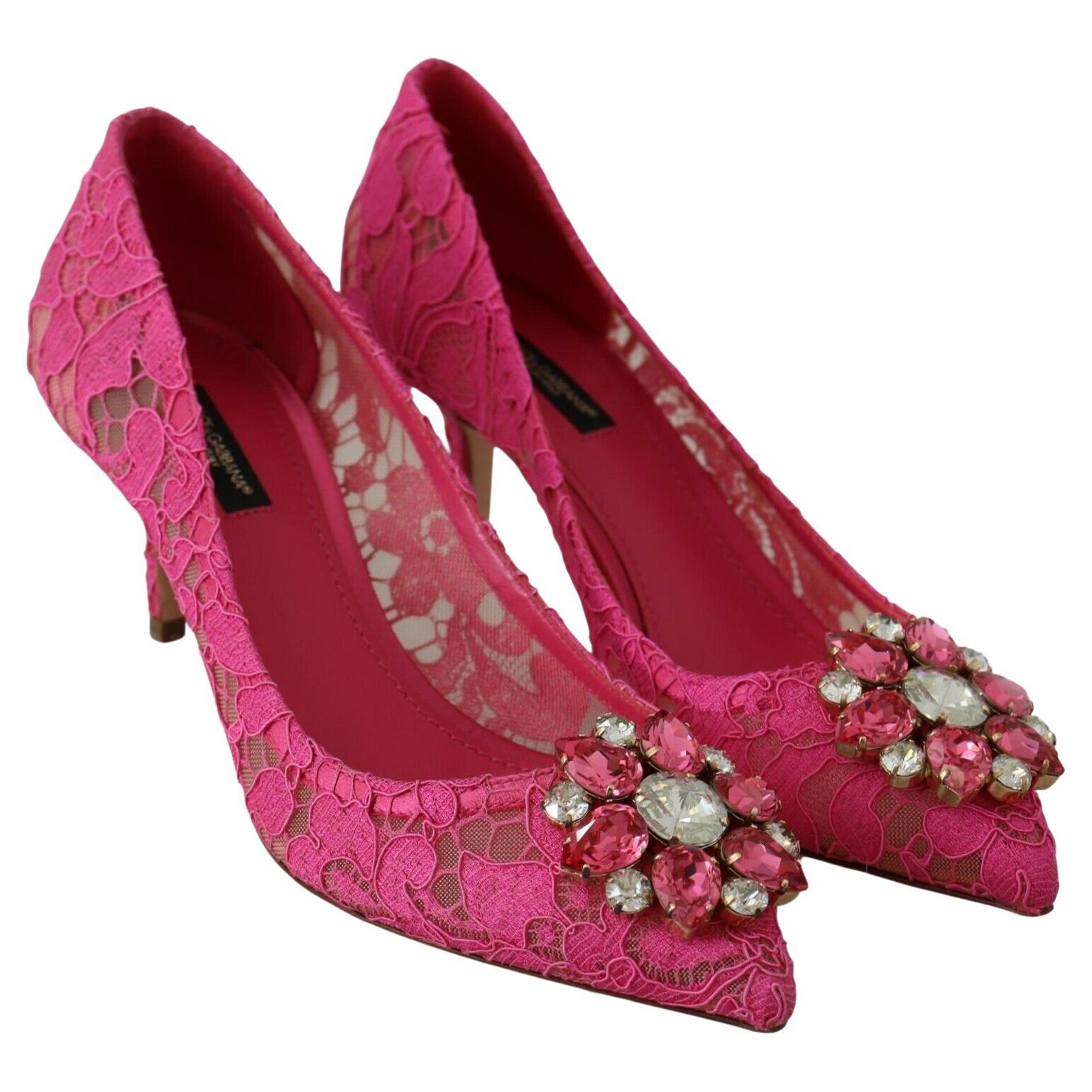 Dolce & Gabbana Pink Taormina Lace Crystal Shoes Heels Pumps Rainbow Floral DG For Sale