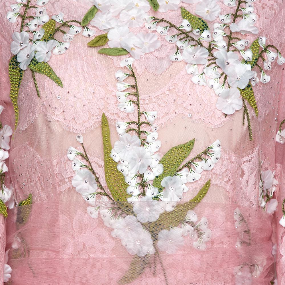 Beige Dolce & Gabbana Pink Tulle Floral Applique Detail Maxi Dress IT 44