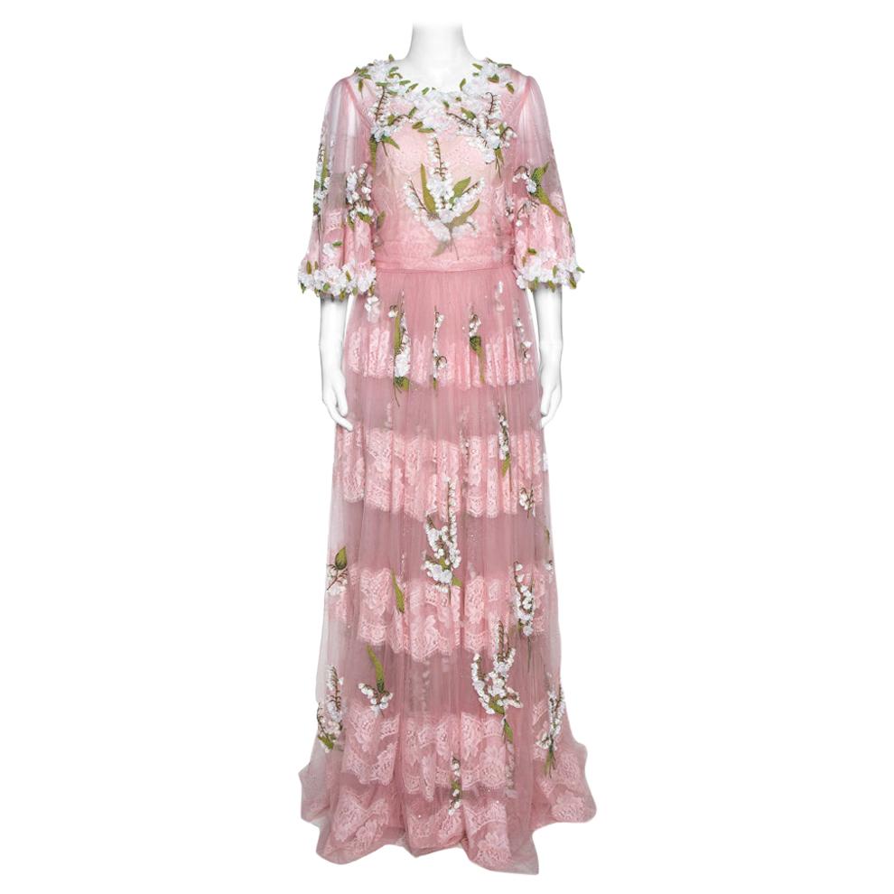 Dolce & Gabbana Pink Tulle Floral Applique Detail Maxi Dress IT 44