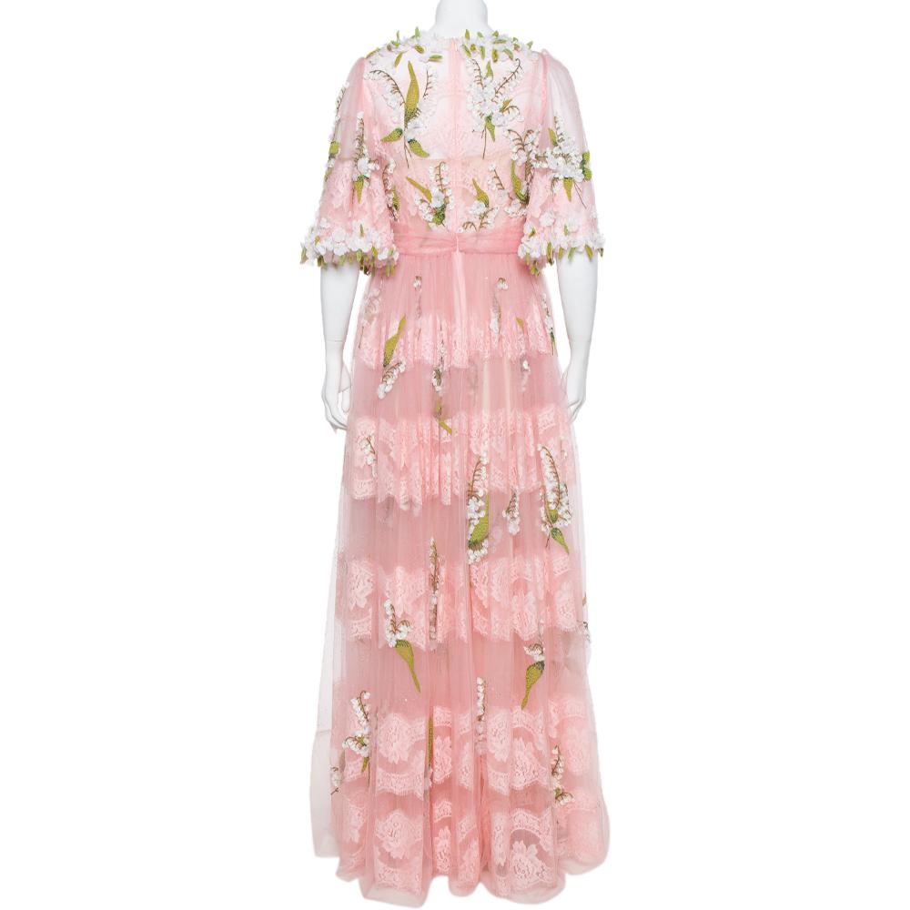 Dolce and Gabbana Pink Tulle Floral Applique Detail Maxi Dress M at ...