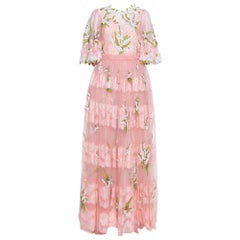 Dolce & Gabbana Pink Tulle Floral Applique Detail Maxi Dress M