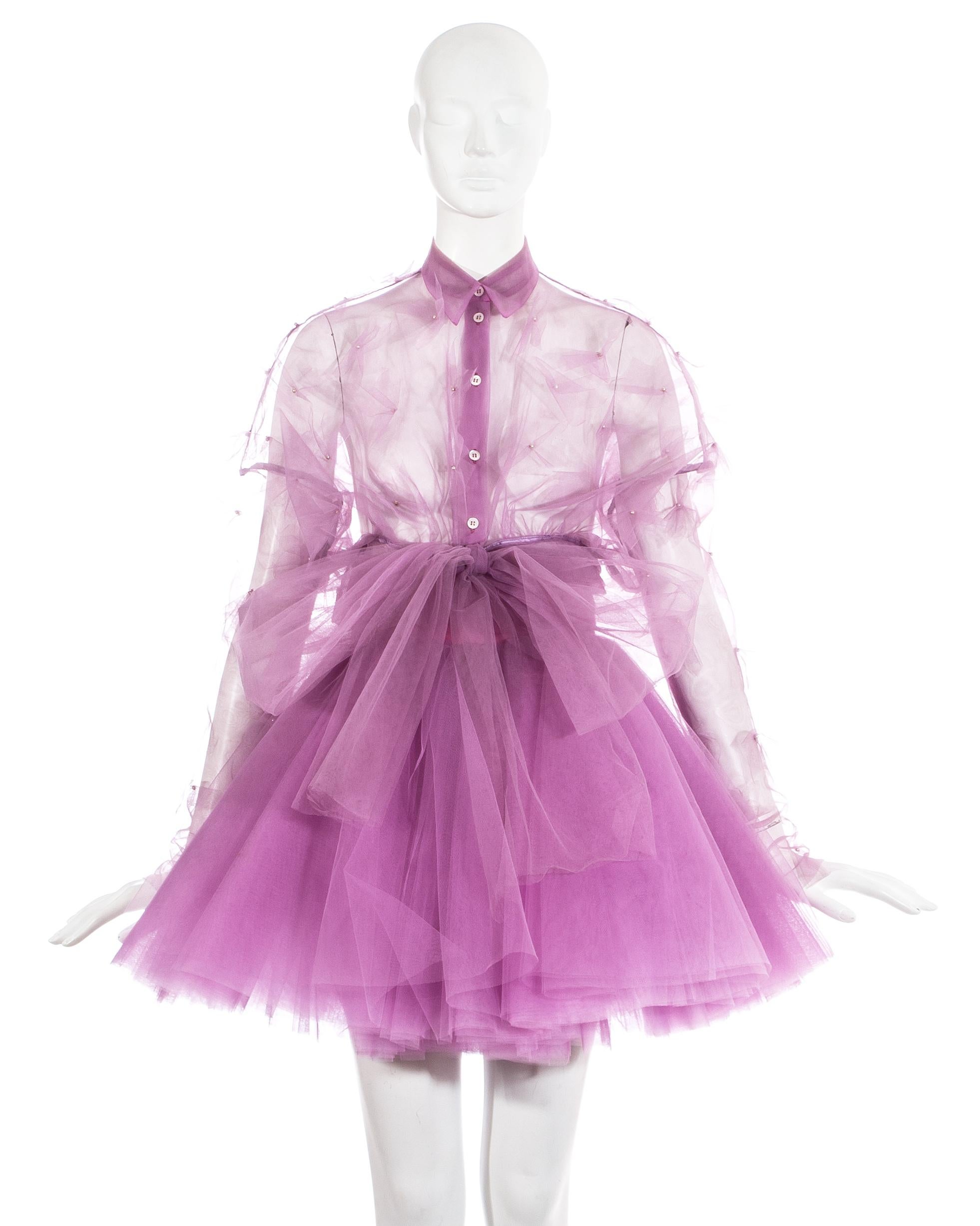 - Mini skirt constructed from several layers of tulle fabric 
- Sheer tulle blouse with pearl and tulle motifs throughout 

Spring Summer 1992