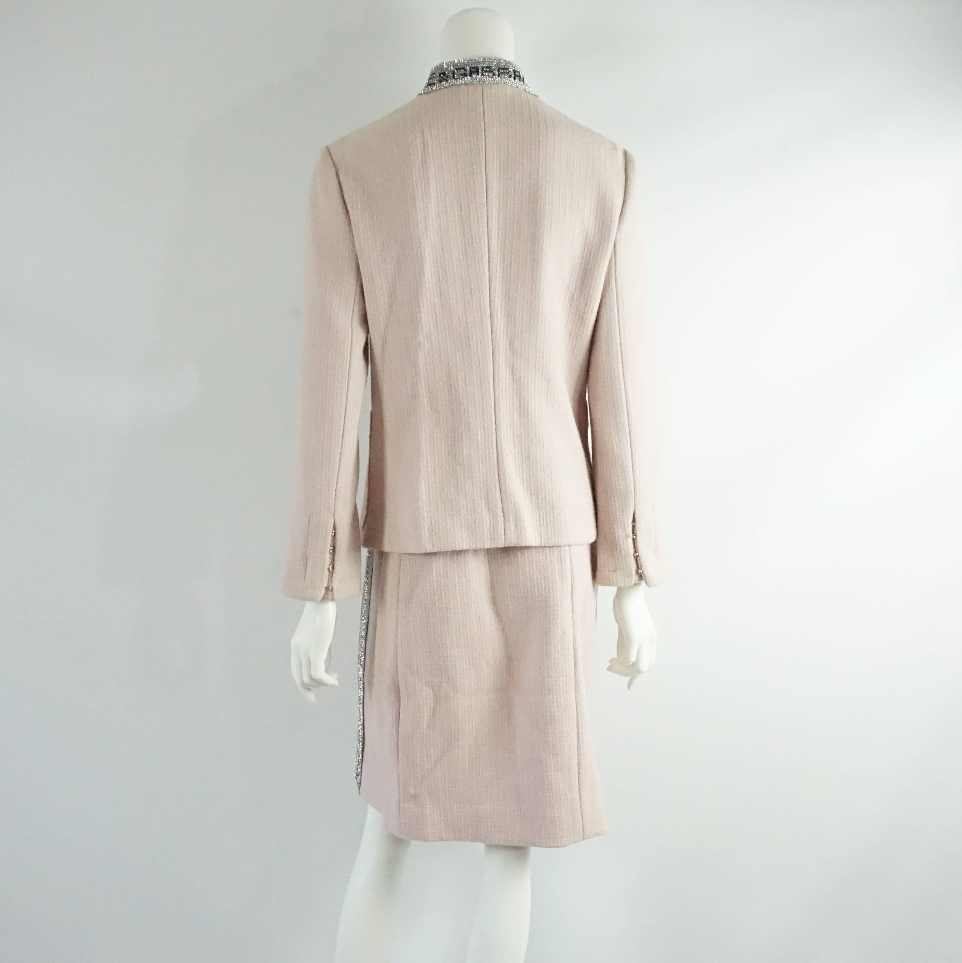 Beige Dolce & Gabbana Pink Tweed Skirt Suit with a Rhinestone Logo Trim - Size 44 For Sale