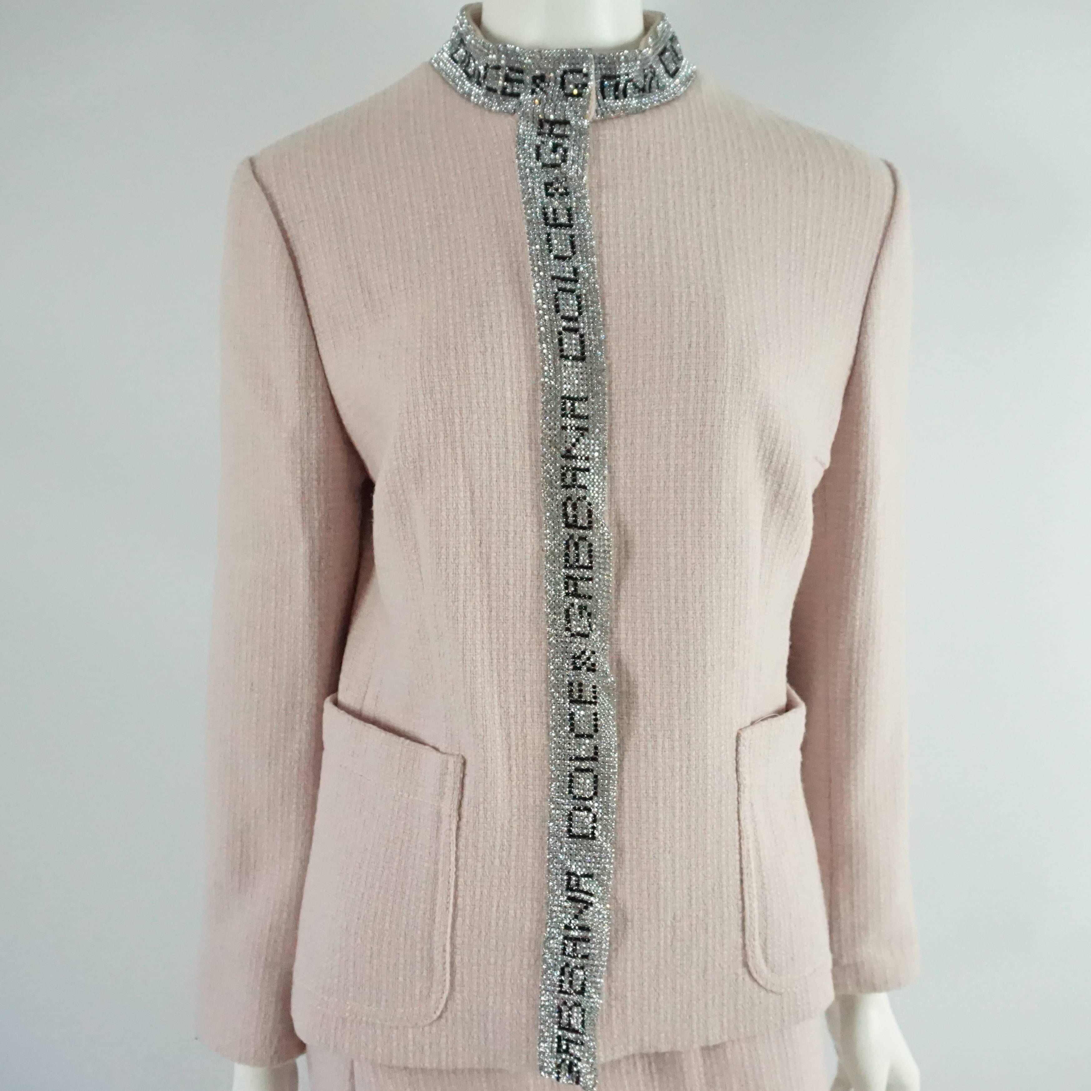 Dolce & Gabbana Pink Tweed Skirt Suit with a Rhinestone Logo Trim - Size 44 For Sale 1