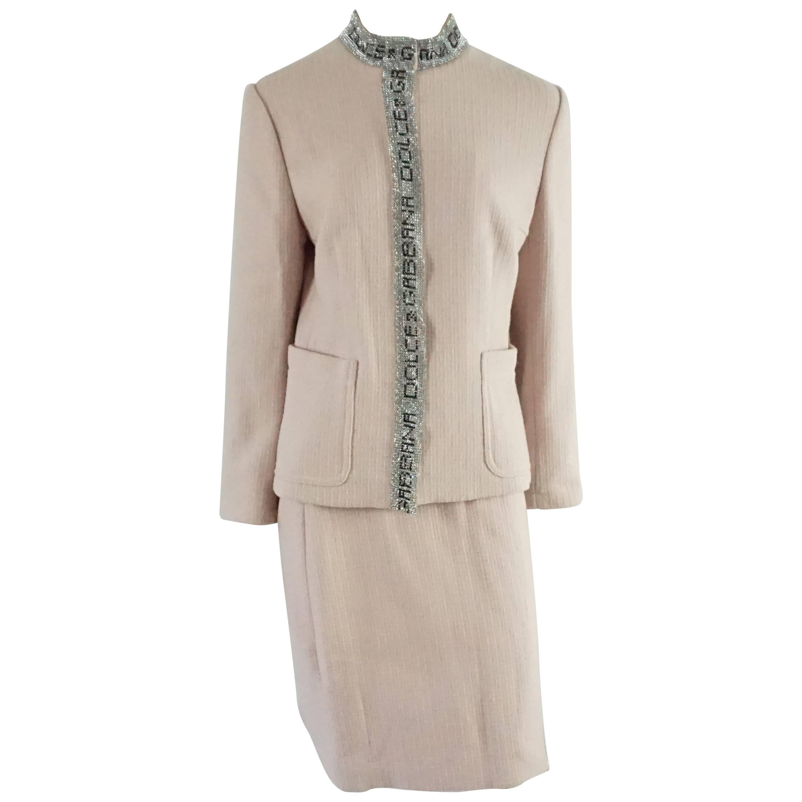 Dolce & Gabbana Pink Tweed Skirt Suit with a Rhinestone Logo Trim - Size 44 For Sale