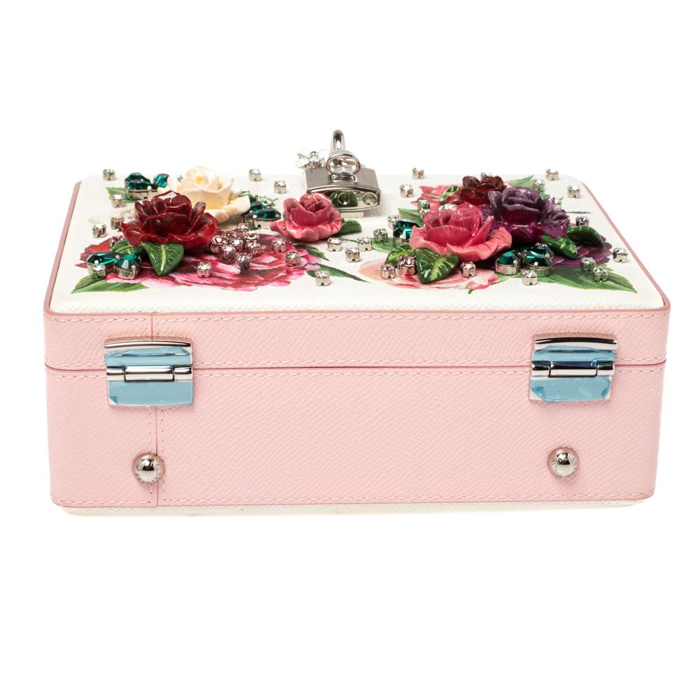 Dolce & Gabbana Pink/White Leather Floral Embellished Dolce Box Bag In New Condition In Dubai, Al Qouz 2