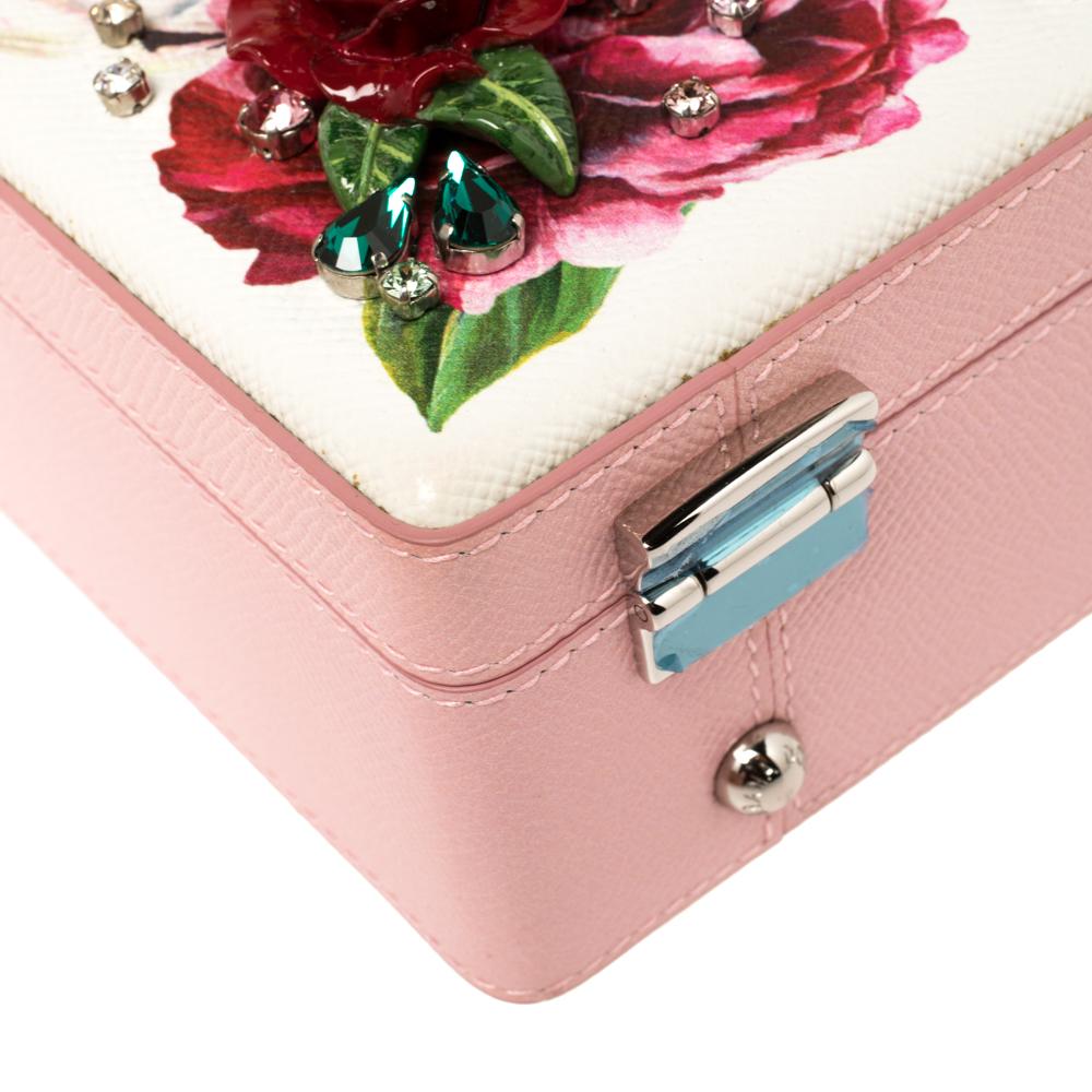 Dolce & Gabbana Pink/White Leather Floral Embellished Dolce Box Bag In New Condition In Dubai, Al Qouz 2