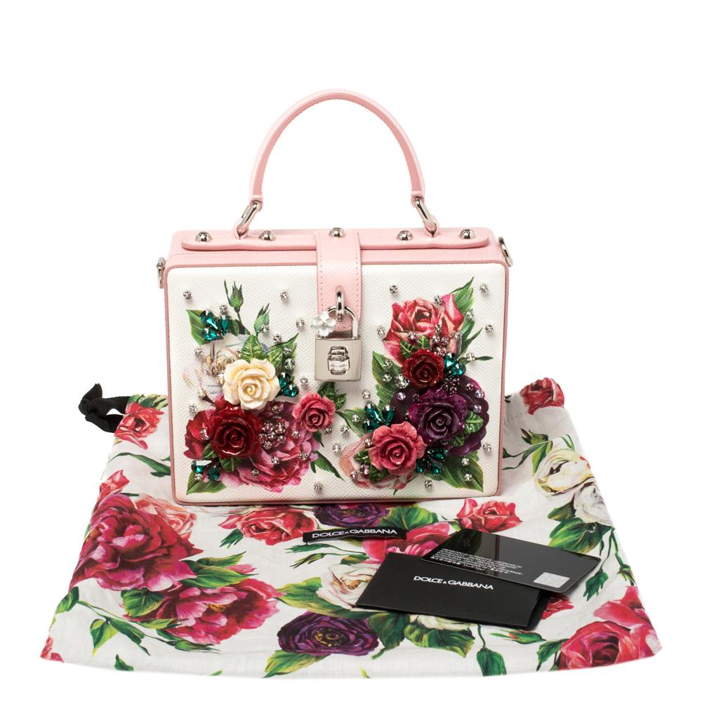 Women's Dolce & Gabbana Pink/White Leather Floral Embellished Dolce Box Bag