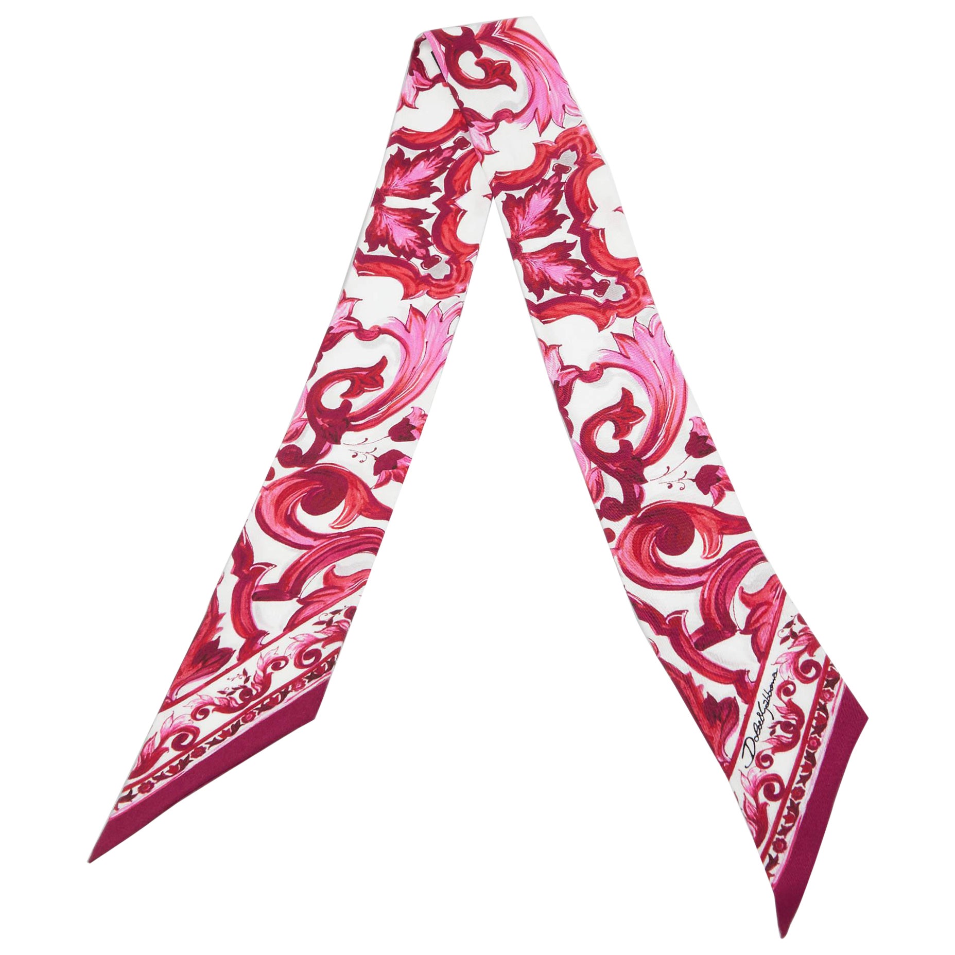Dolce & Gabbana Pink/White Majolica Print Silk Bandeau Head Scarf