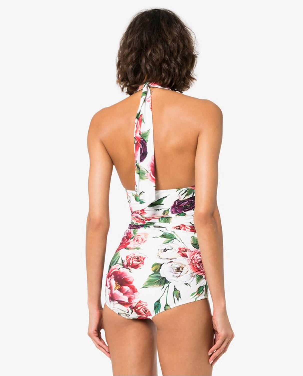 Dolce & Gabbana Pink White Peony Rose One-piece Swimsuit Swimwear V-neck Floral In New Condition For Sale In WELWYN, GB