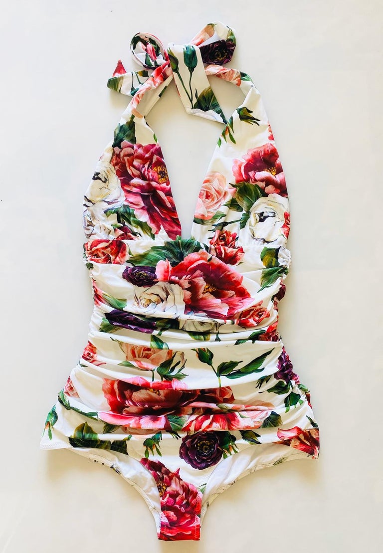 Dolce And Gabbana Pink White Peony Rose One Piece Swimsuit Swimwear V Neck Floral For Sale At 1stdibs