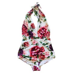 Dolce & Gabbana Rosa Weiße Pfingstrose Rose Einteiliger Badeanzug mit V-Ausschnitt und Blumenmuster
