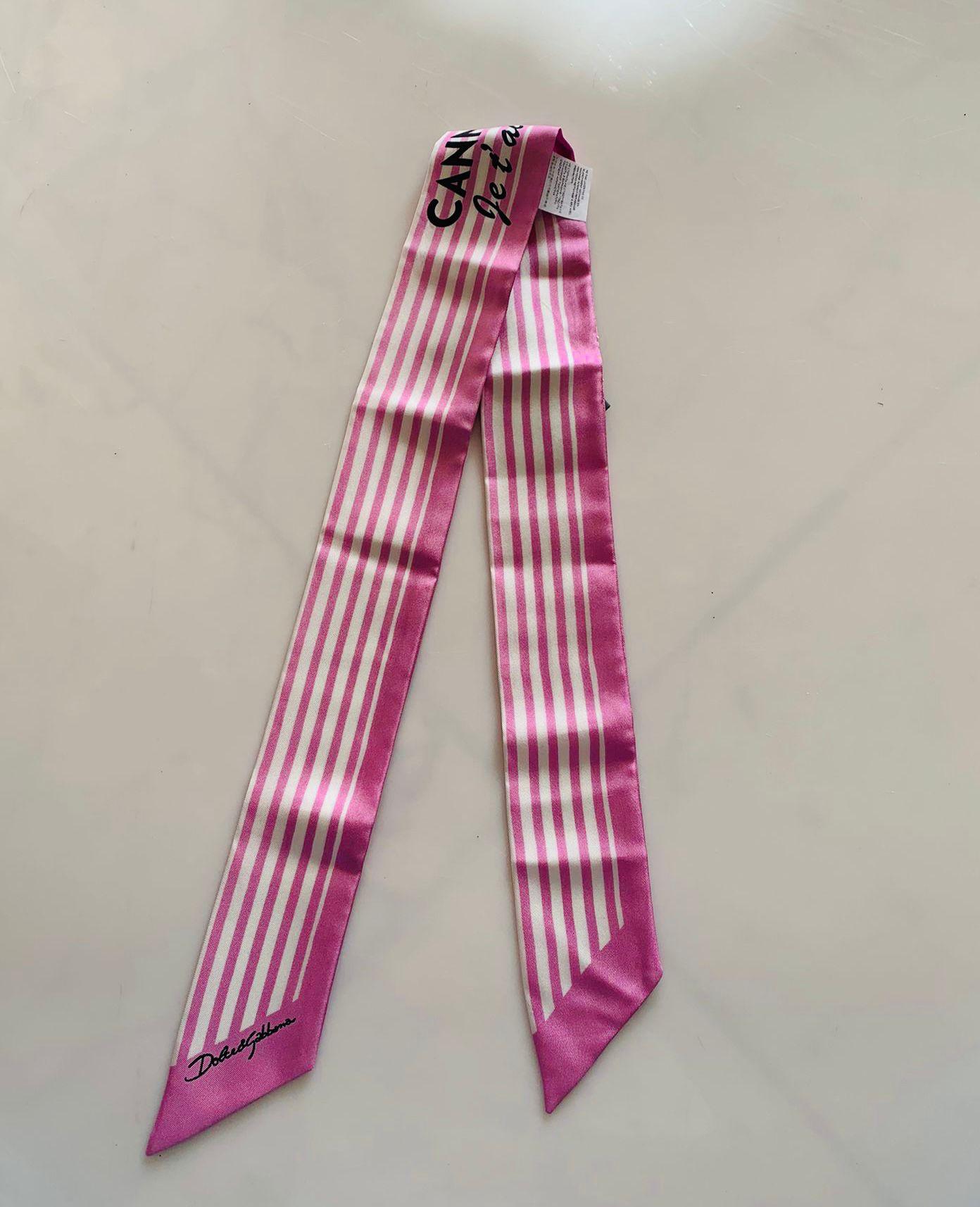 Dolce & Gabbana Pink White Silk I Love Cannes Striped Mini Scarf Bandeau Tie DG In New Condition For Sale In WELWYN, GB