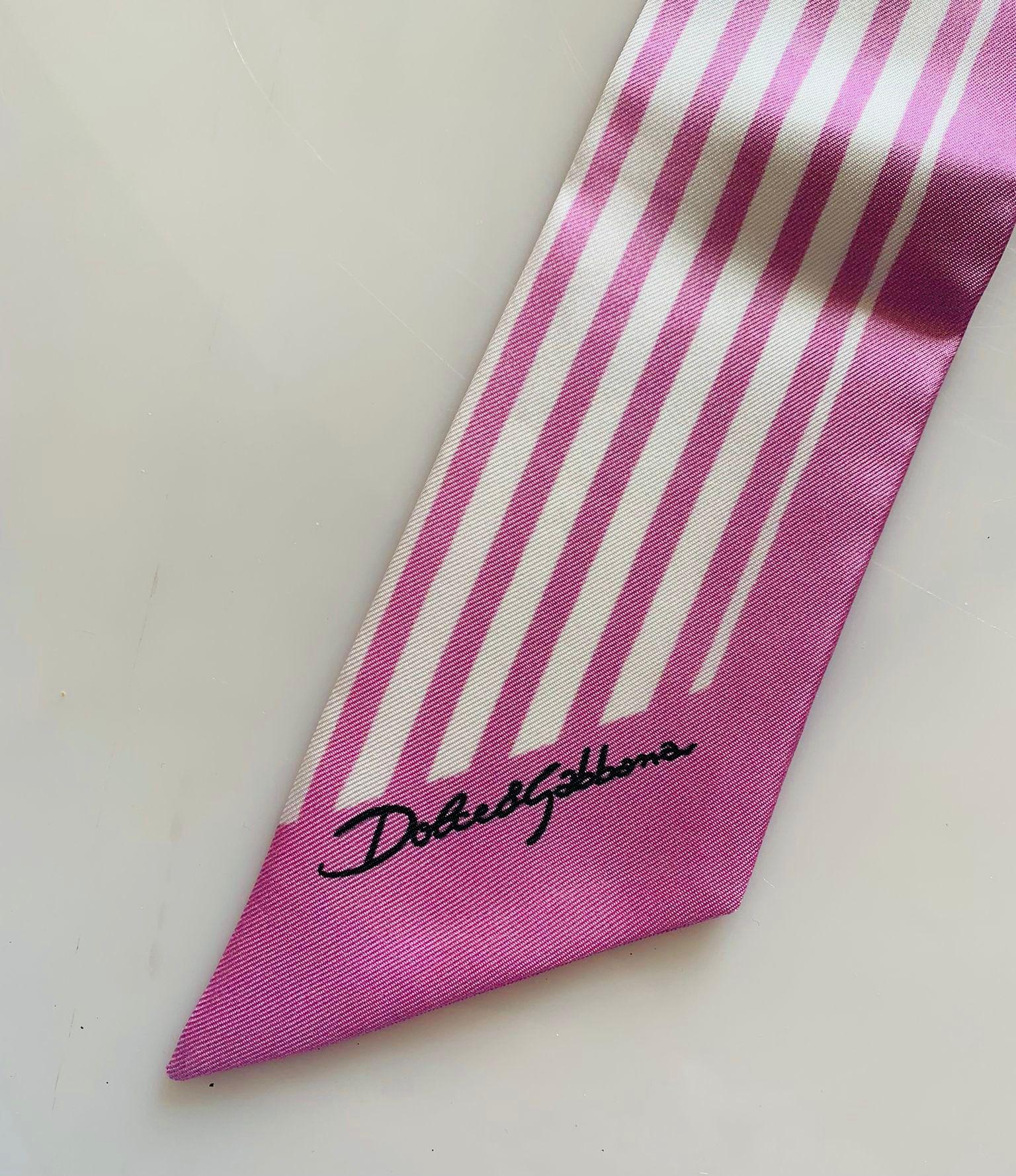 Dolce & Gabbana Pink White Silk I Love Cannes Striped Mini Scarf Bandeau Tie DG For Sale 1