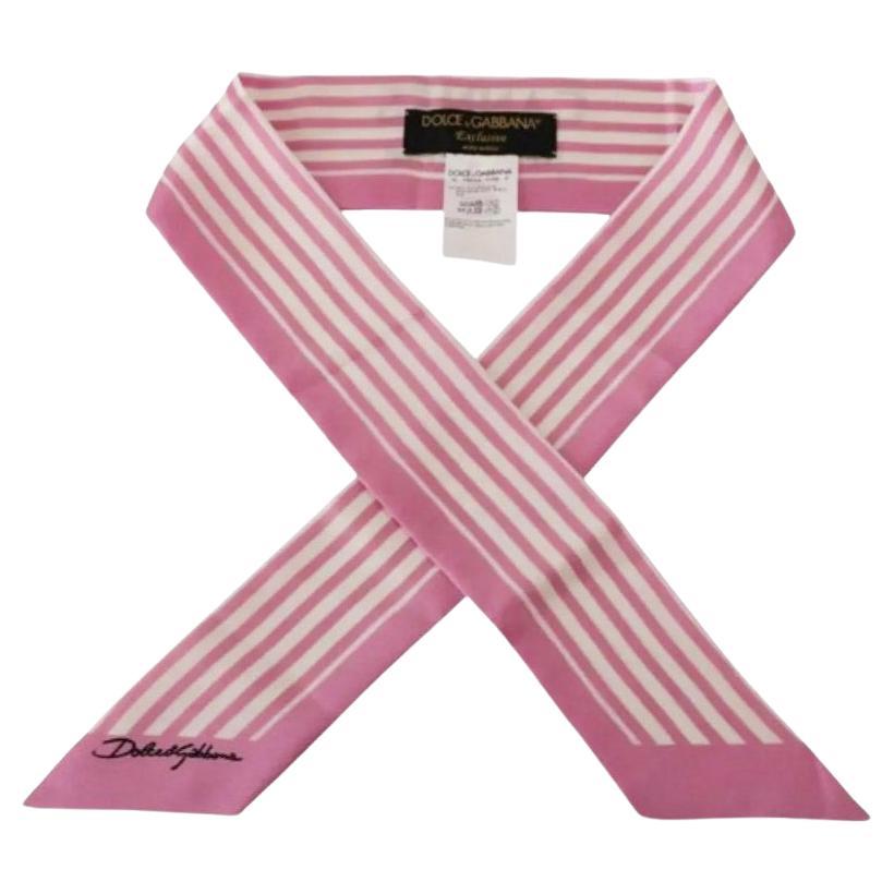 Dolce & Gabbana Pink White Silk I Love Cannes Striped Mini Scarf Bandeau Tie DG For Sale