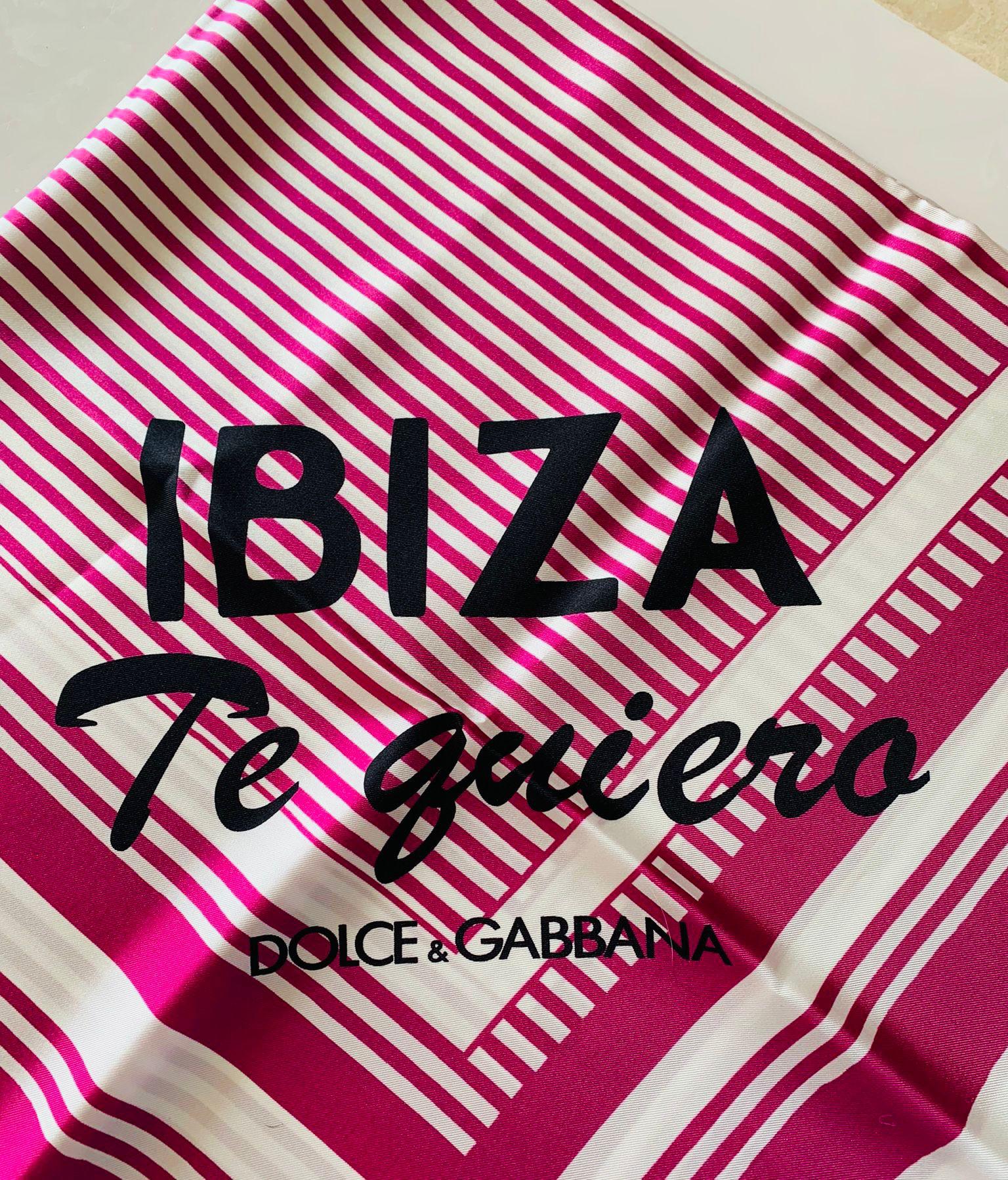 Red Dolce & Gabbana Pink White Silk I Love Ibiza Striped Square Scarf Bandeau DG For Sale