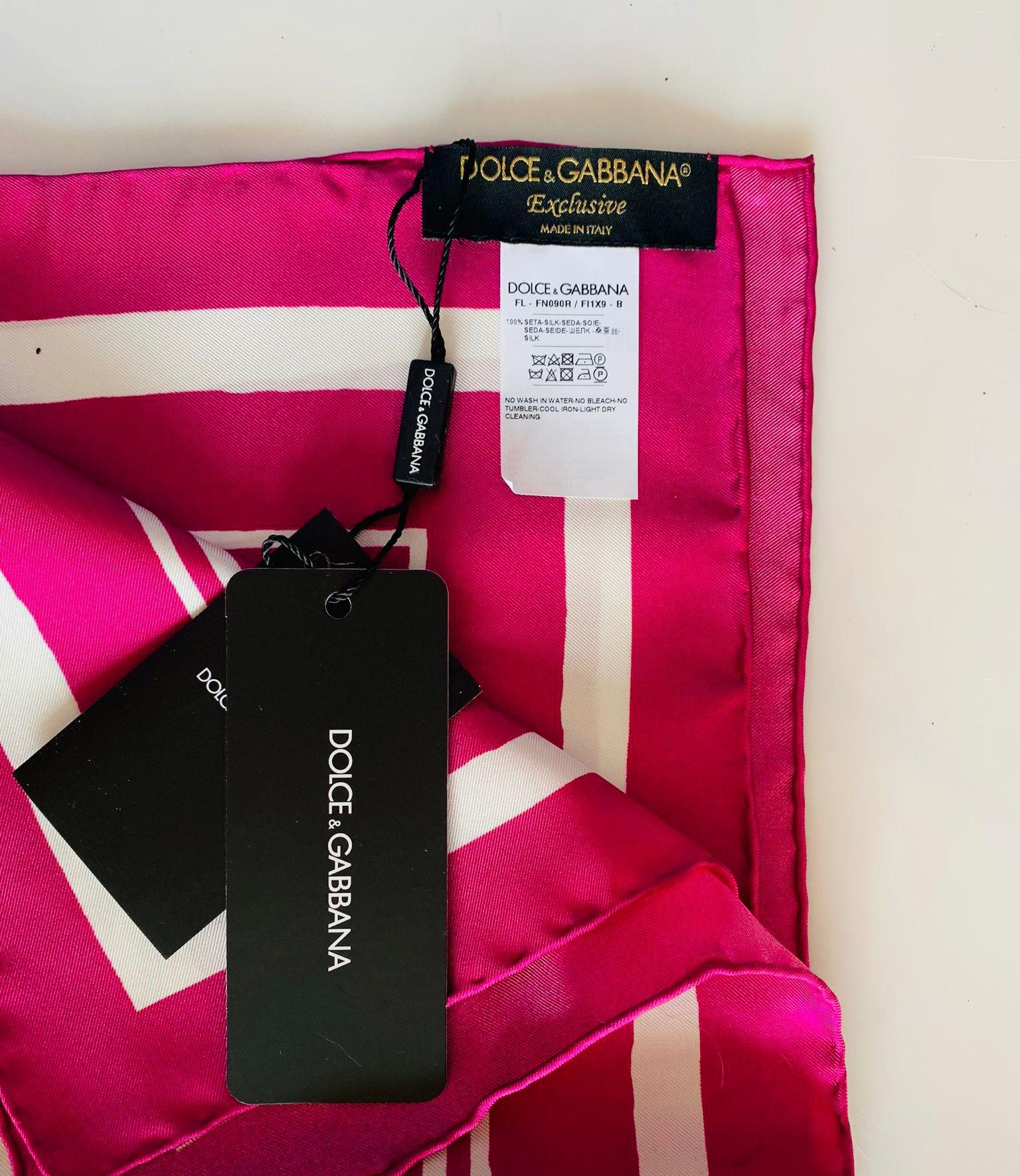 Dolce & Gabbana Pink White Silk I Love Ibiza Striped Square Scarf Bandeau DG In New Condition For Sale In WELWYN, GB