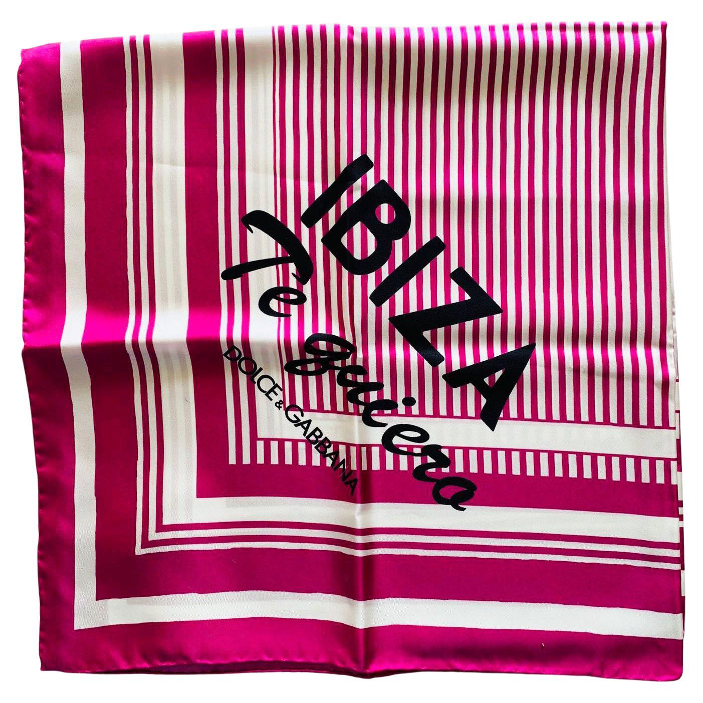 Dolce & Gabbana Pink White Silk I Love Ibiza Striped Square Scarf Bandeau DG For Sale