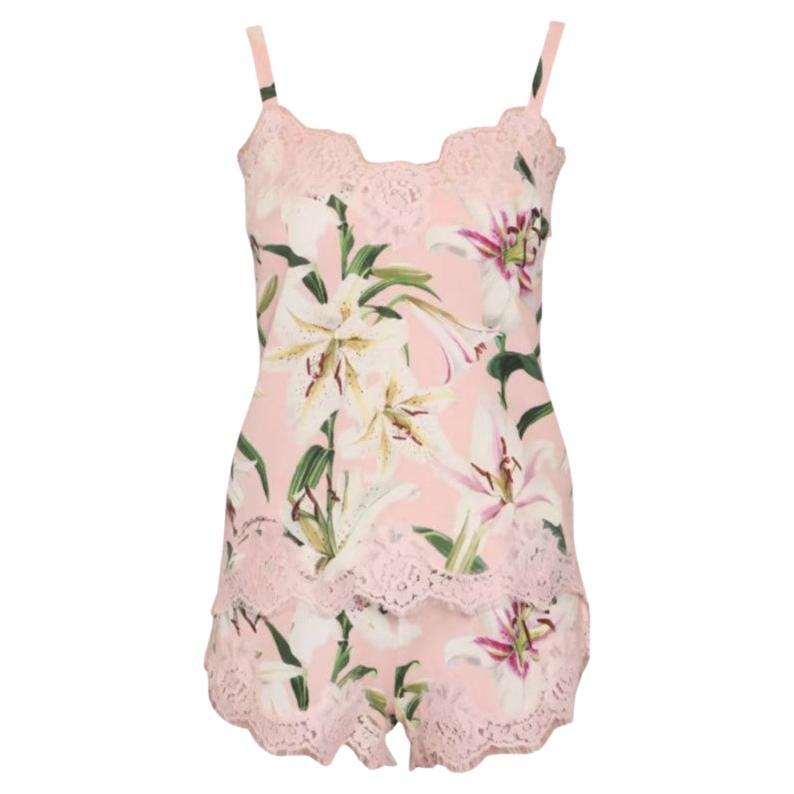 Dolce & Gabbana Pink White Silk Lily Lingerie Top and Shorts Set Floral Lace DG