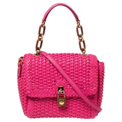 Dolce 
Gabbana Pink Woven Leather Padlock Top Handle Bag
