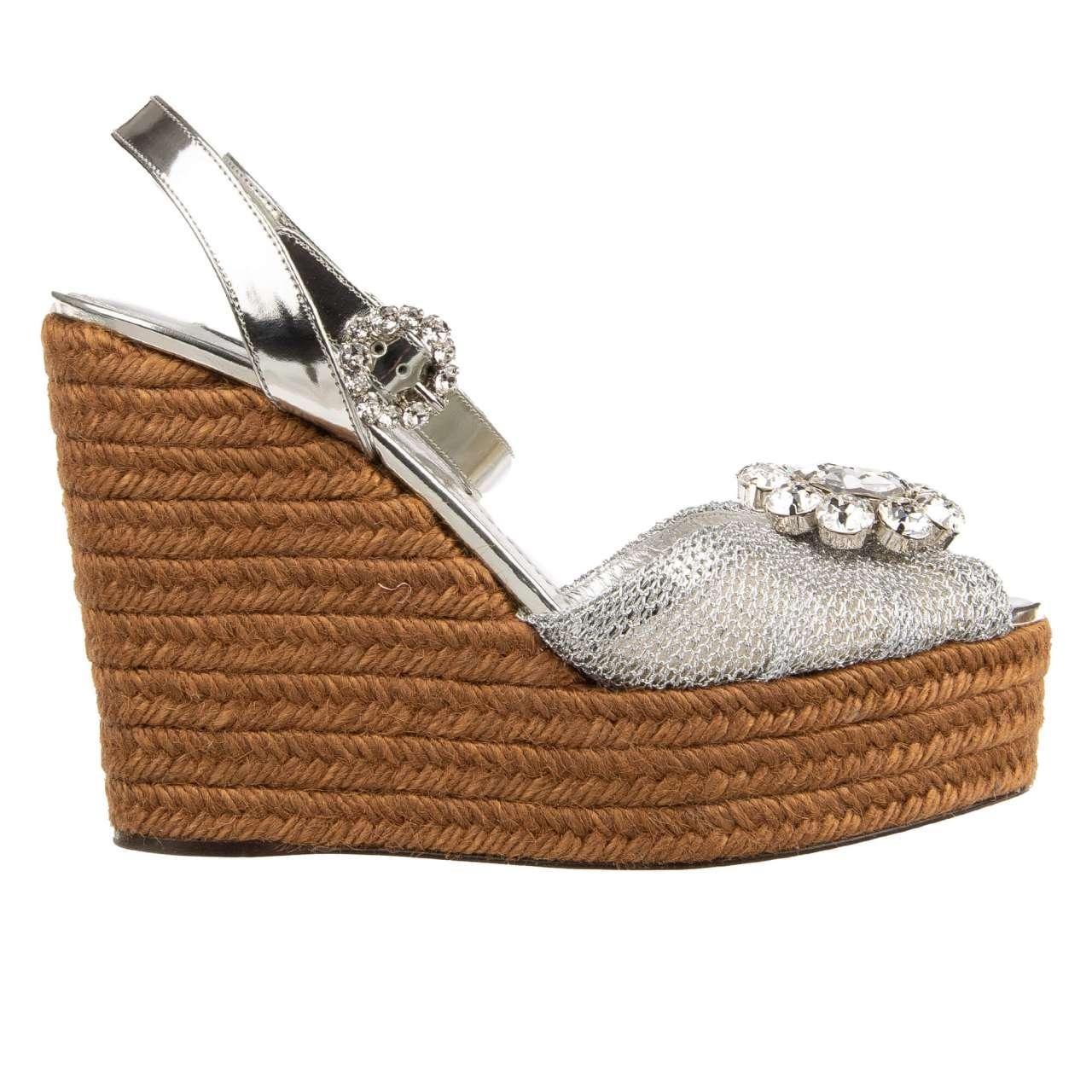 Dolce & Gabbana Plateau Sandals BIANCA with Crystal Brooch Silver EUR 37 For Sale 2