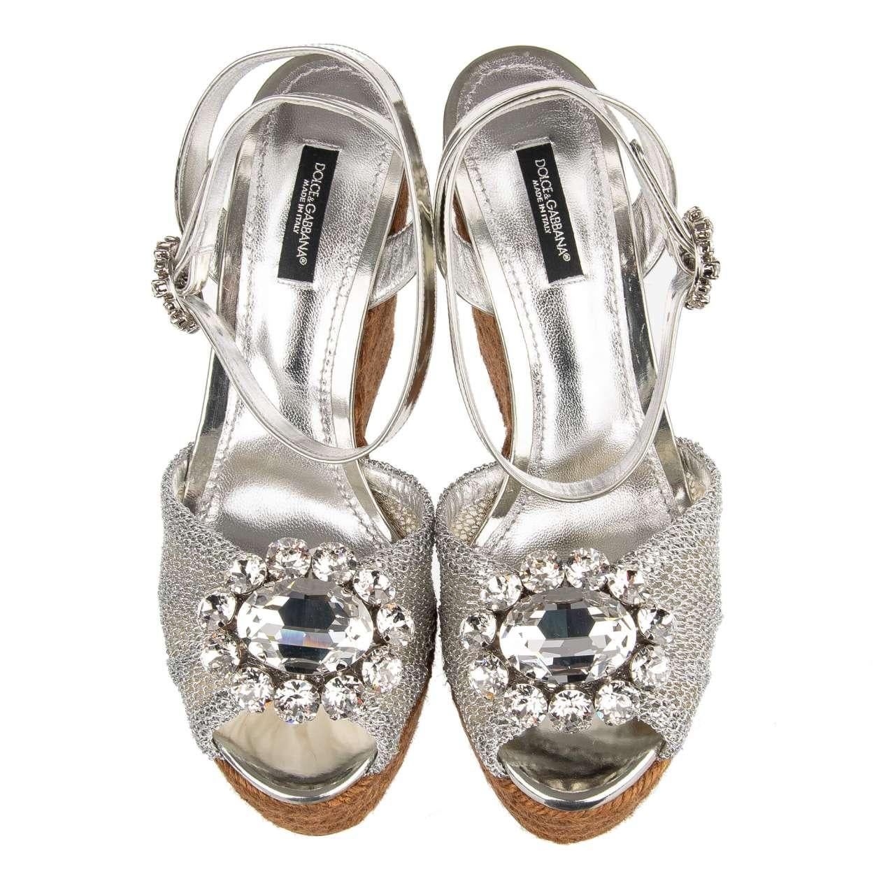 Dolce & Gabbana Plateau Sandals BIANCA with Crystal Brooch Silver EUR 37 For Sale 3