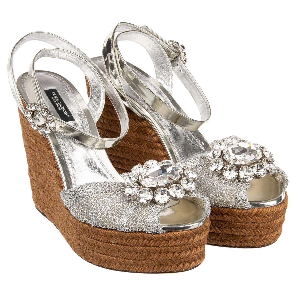 Dolce & Gabbana Plateau Sandals BIANCA with Crystal Brooch Silver EUR 37 For Sale